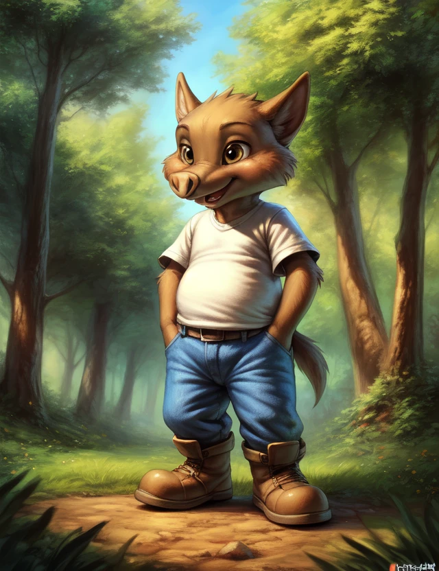 <lora:AchilleFoFriN:1> AchilleFoFriN, boar ,  blue jeans, white shirt, boots,  
Male, Detailed multicolored skin, ( solo), [day, forest, trees, meadows, grass, clouds,] 
(beautiful, aesthetic, perfect, delicate, intricate), masterpiece, digital drawing, best quality, AS-YoungerV2:0.6, AS-YoungestV2:0.5,
[by kenket|by totesfleisch8], by thebigslick:by silverfox5213:0.8], [by syuro, by paloma-paloma::0.2, (Tricksta, TotesFleisch8)