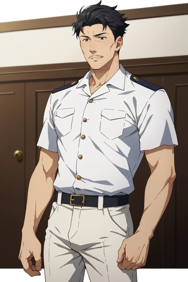 score_9, score_8_up, score_7_up, score_6_up, perfect anatomy, perfect proportions, best quality, masterpiece, high_resolution, high quality, aesthetic, absurdres, (male focus), solo male, Ichiro Satomi \(Warlords of Sigrdrifa\), black hair, short hair, black eyes, facial hair, thin mustache, military uniform, white shirt, short sleeves, rank slides, khaki pants, black socks, black shoes.adult, mature, masculine, manly, handsome, charming, alluring, standing, upper body, dutch angle, cowboy shot<lora:EMS-421034-EMS:1.000000>