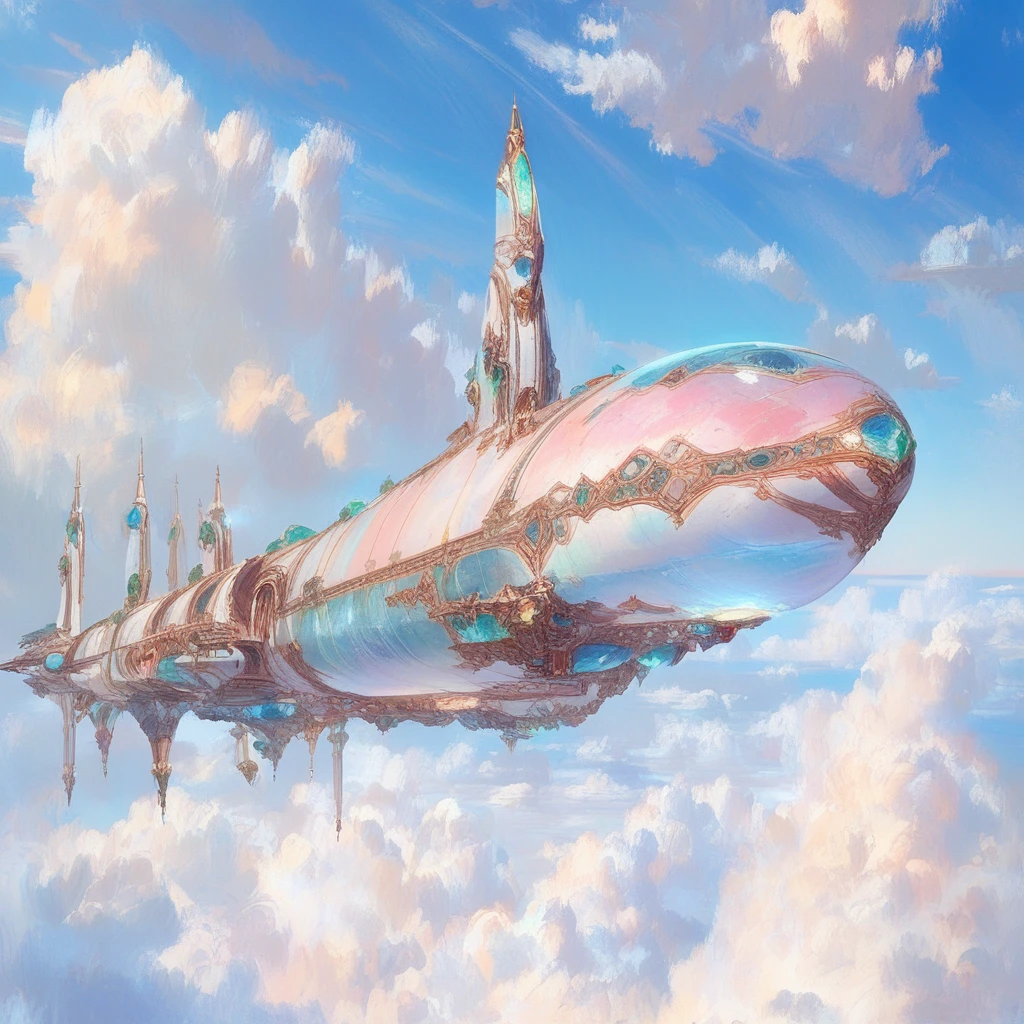 score_9, score_8_up, score_8, ArsMJStyle, Art Nouveau, spaceship, cloud, no humans, sky, scenery, fantasy, above clouds, blue sky, day, cloudy sky, outdoors, gem, <lora:ArsMJStylePony_-_Art_Nouveau:1>