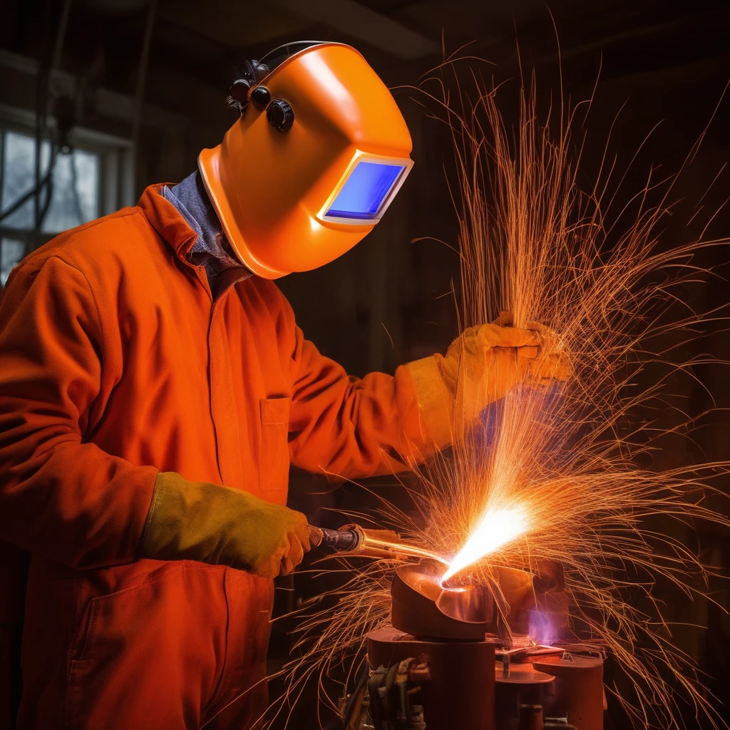 man in an orange welder_mask on his head holds an electrode holder in his raised hand above his head, a bright electric arc burns at the end of the electric gas burner,