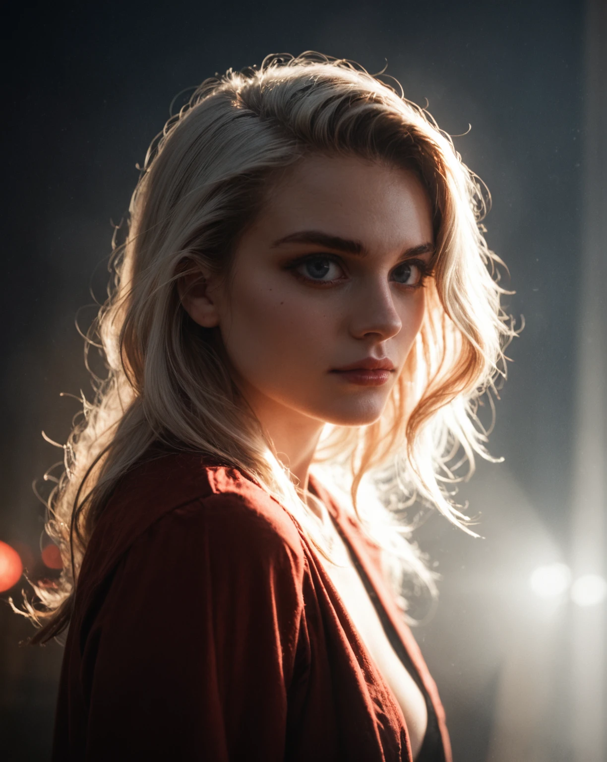 1girl, long hair, low light, dramatic lighting, darkness, eye lighting, smoke, red light, . shallow depth of field, vignette, highly detailed, high budget, bokeh, cinemascope, moody, epic, gorgeous, film grain, grainy, (raw,score_8_up),photo, raw,realistic