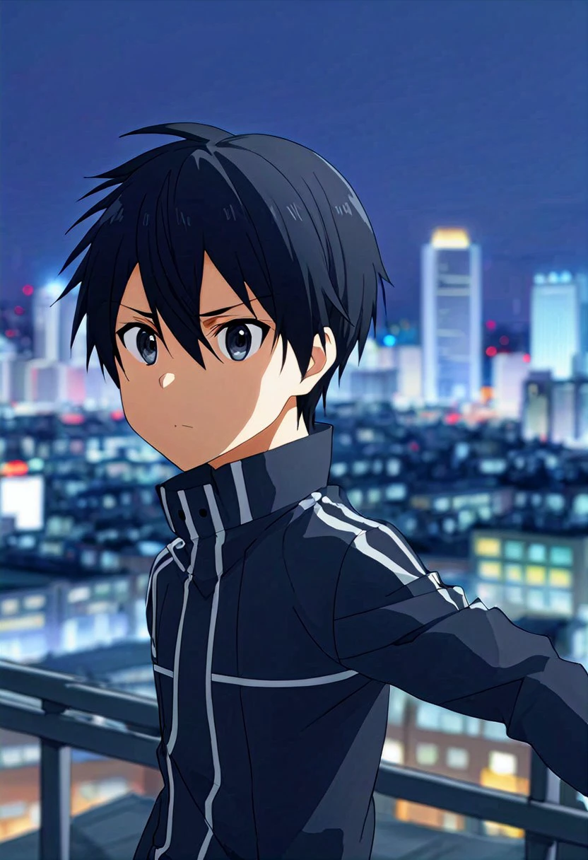 high resolution, solo, best quality, 1Boy, Kazuto Kirigaya, Black Hair, Black Eyes, Subject in focus, cityscape blurred, dynamic, urban,