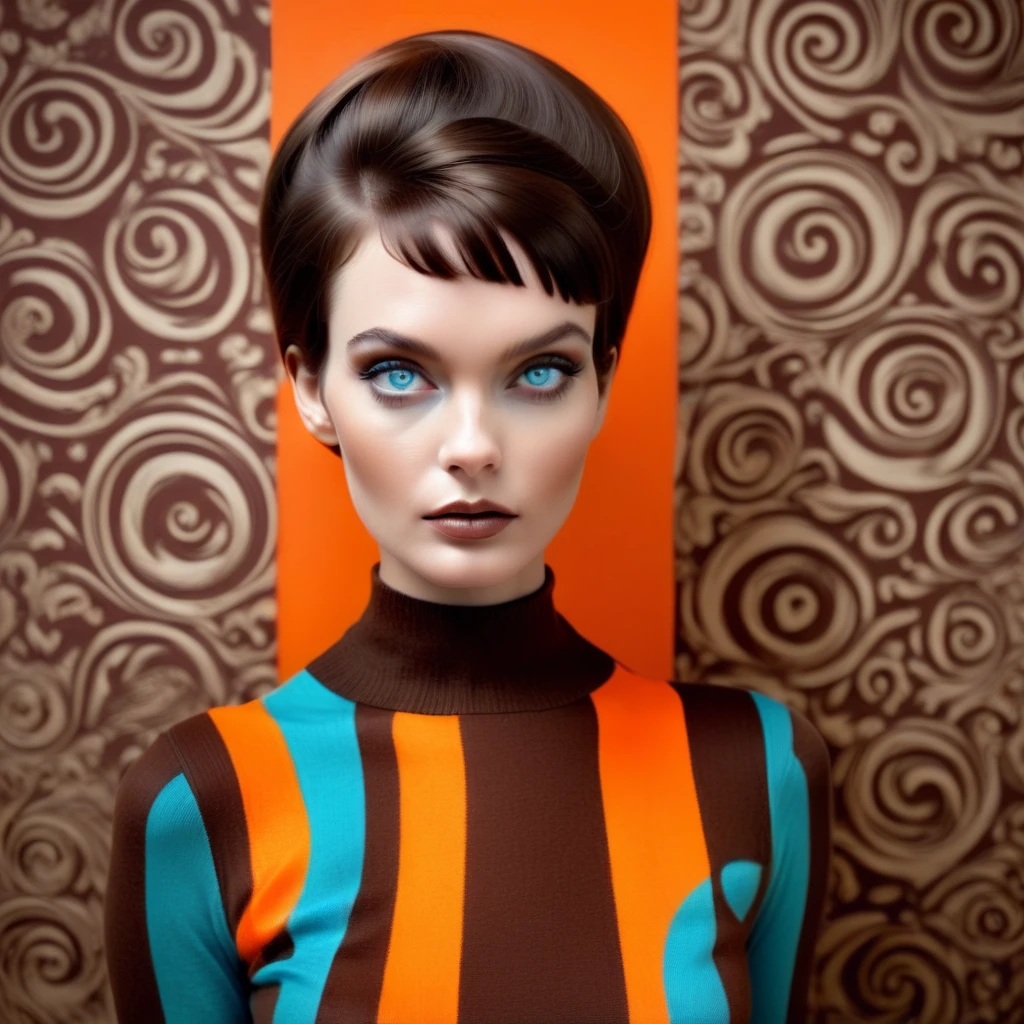 A breathtaking fashion photograph portrait, capturing a 1960s Elle woman's magazine fashion shoot featuring a stunning high-end European model with short hair updo and (((detailed skin))), smoky makeup. The scene is set against a vibrant, (((Kodak Porta 600-inspired backdrop))), with intricate, hand-drawn details that mirror those of artist Roy Lichtenstien. A luxurious, hand-painted, realistic 1968 stripe knit pullover dress in shades of (((chocolate brown and bright orange))), adorned with a lavish, hand-dyed, geometric rectangles motif, blue gloves, fcNeg, epiCPhotoGasm-colorfulPhoto, dvr-tldr, 