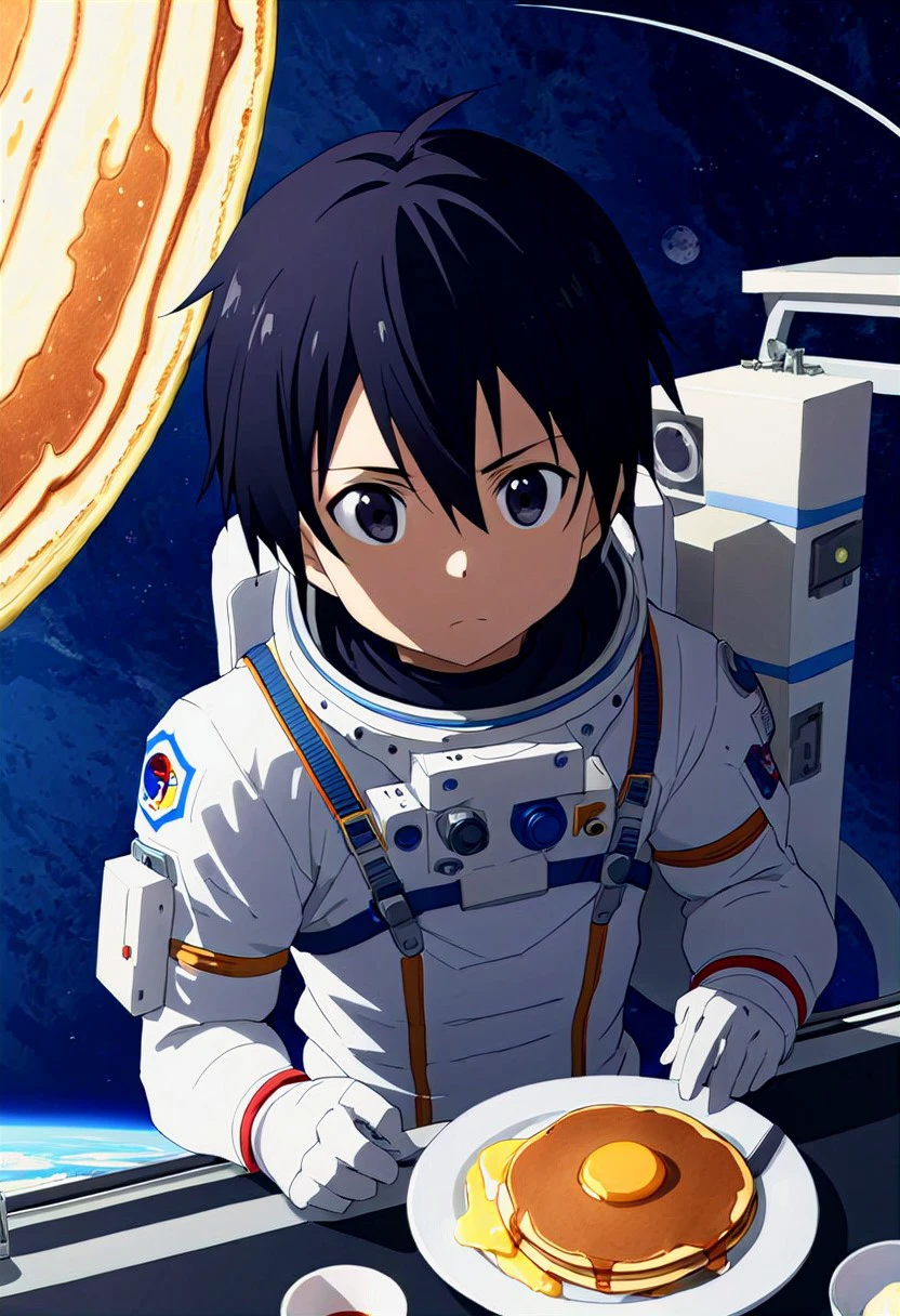 high resolution, solo, best quality, 1Boy, Kazuto Kirigaya, Black Hair, Black Eyes, Astronaut, pancake, breakfast, space station,