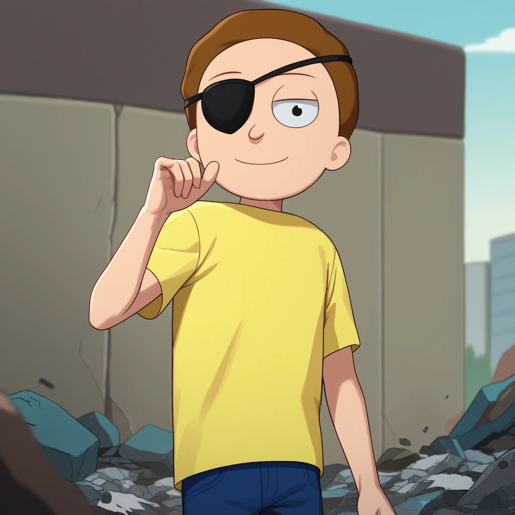 score_7_up, BREAK, EMorty, 1boy, solo, brown hair, short hair, black eyes, black eyepatch, yellow shirt, blue pants, cowboy shot, looking at viewer , smile, <lora:Evil_Morty_RickMorty_Leaf4:0.8>, outdoors, depth of field, debris,