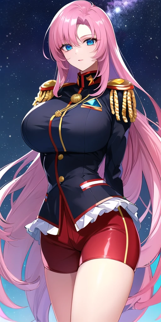 <lora:UtenaV3:0.7> utenatenjou, huge_breasts, standing, solo, arms_behind_back, starry_sky,  black_jacket_long_sleeves_red_bike_shorts_under_skirt_white_overskirt_epaulettes_aiguillette_uniform_green_gemstone, masterpiece, best_quality, detailed_face, detailed_eyes, highres, beautiful, detailed, absurdres,