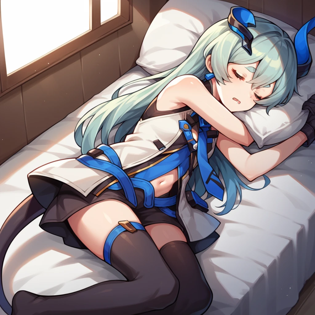 score_9_up, score_8_up, score_7_up, score_6up, source_anime, 1girl, solo, Liliya, Lili_Def, sun light, shadow, face focus, lying on side, bend knees, hugging pillow, drooling, sleeping, closed eyes, feet, from above, long hair, tail, blue hair, thick eyebrows, single horn, asymmetrical horns, sleeveless dress, open dress, navel, blue necktie, black thighhighs, blue ribbon, black gloves, dynamic cowboy shot, indoors, bedroom background,