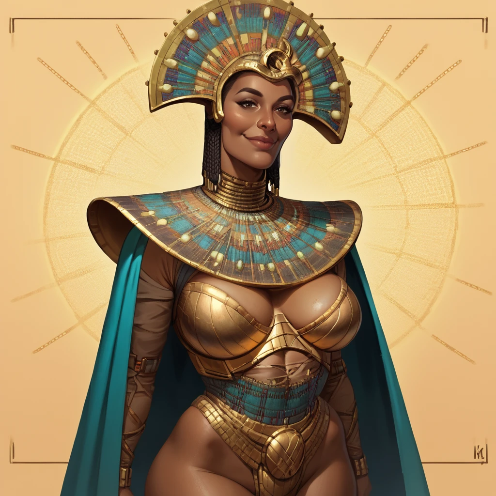 score_9, score_8_up, score_7_up, score_6_up, score_5_up,
Khalida, solo, jewelry, armor, cape, helmet, mature woman, voluptuous, brown skin,
geometric triangle background,  standing, looking at viewer, small smile,
 <lora:Khalida:1>