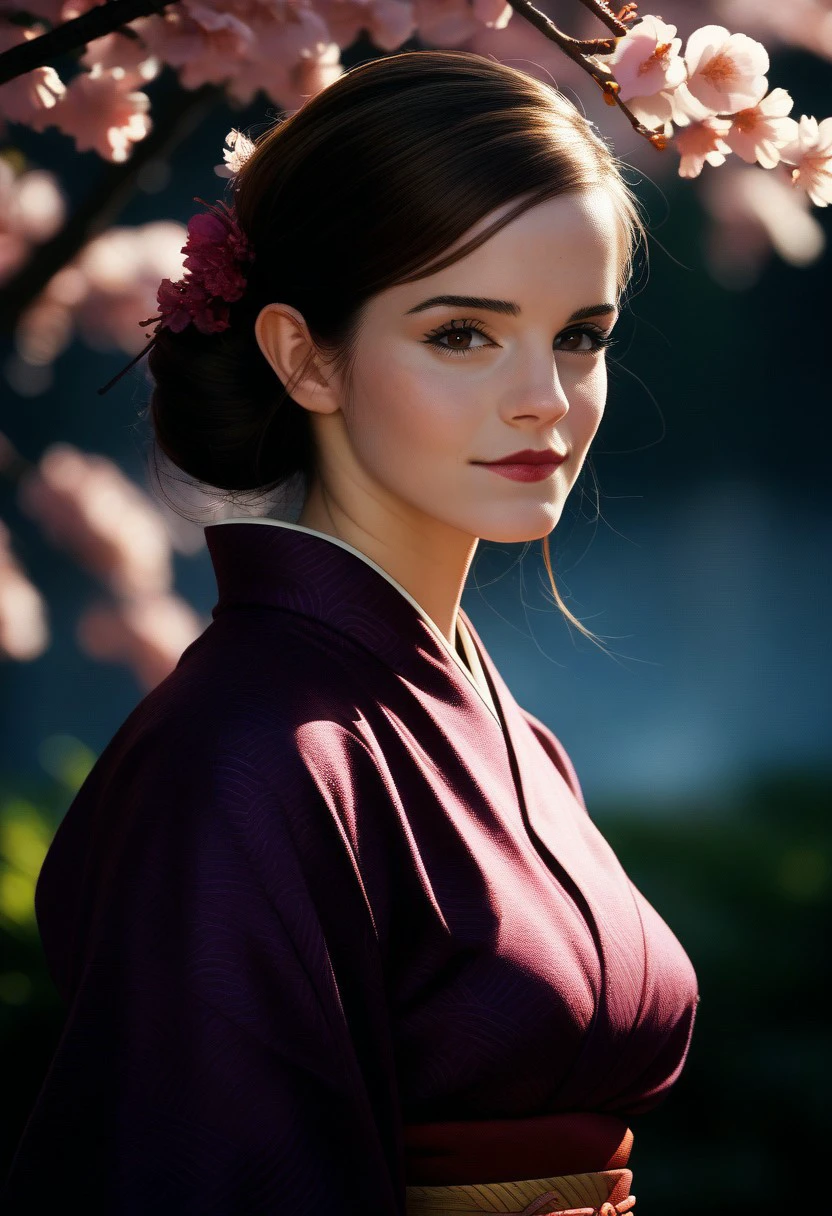 score_9, score_8_up, score_7_up, score_6_up, realistic, face of a woman dressed in a long kimono, bakcground a cherry blossom,emxwatson,