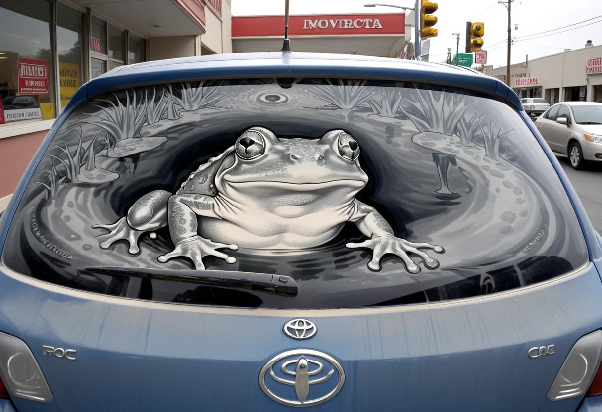 hud_drty_c4r_4rt, blue car, vehicle focus, car window BREAK traditional media, monochrome, woman, frog, psychedelic, v, <lora:carart-000006:0.7>