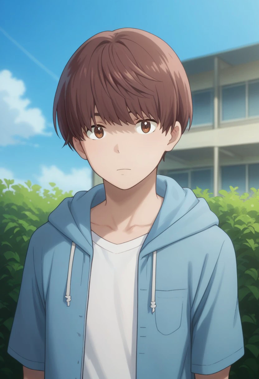 score_9, score_8_up, score_7_up, source_anime, highly detailed, 
itsuki, 1boy, male focus, brown hair, solo, brown eyes, looking at viewer, short hair, hoodie, hood, blue hoodie, short sleeves, open hoodie, shirt, white shirt, long sleeves
outdoor, sky