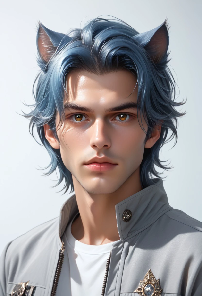 solo,  looking at viewer,  simple background,  shirt,   blue hair,  brown eyes,  1boy,  animal ears,  jacket,   male focus,  parted lips,  cat ears,    grey jacket, hyperrealism, portrait photography, specular highlights, studio lighting, studio photography, 8k , y 8k wallpaper, ultra detailed, beautiful and aesthetic, High quality, beautiful, masterpiece, best quality, realistic BREAK  PonyXLV6_Scores