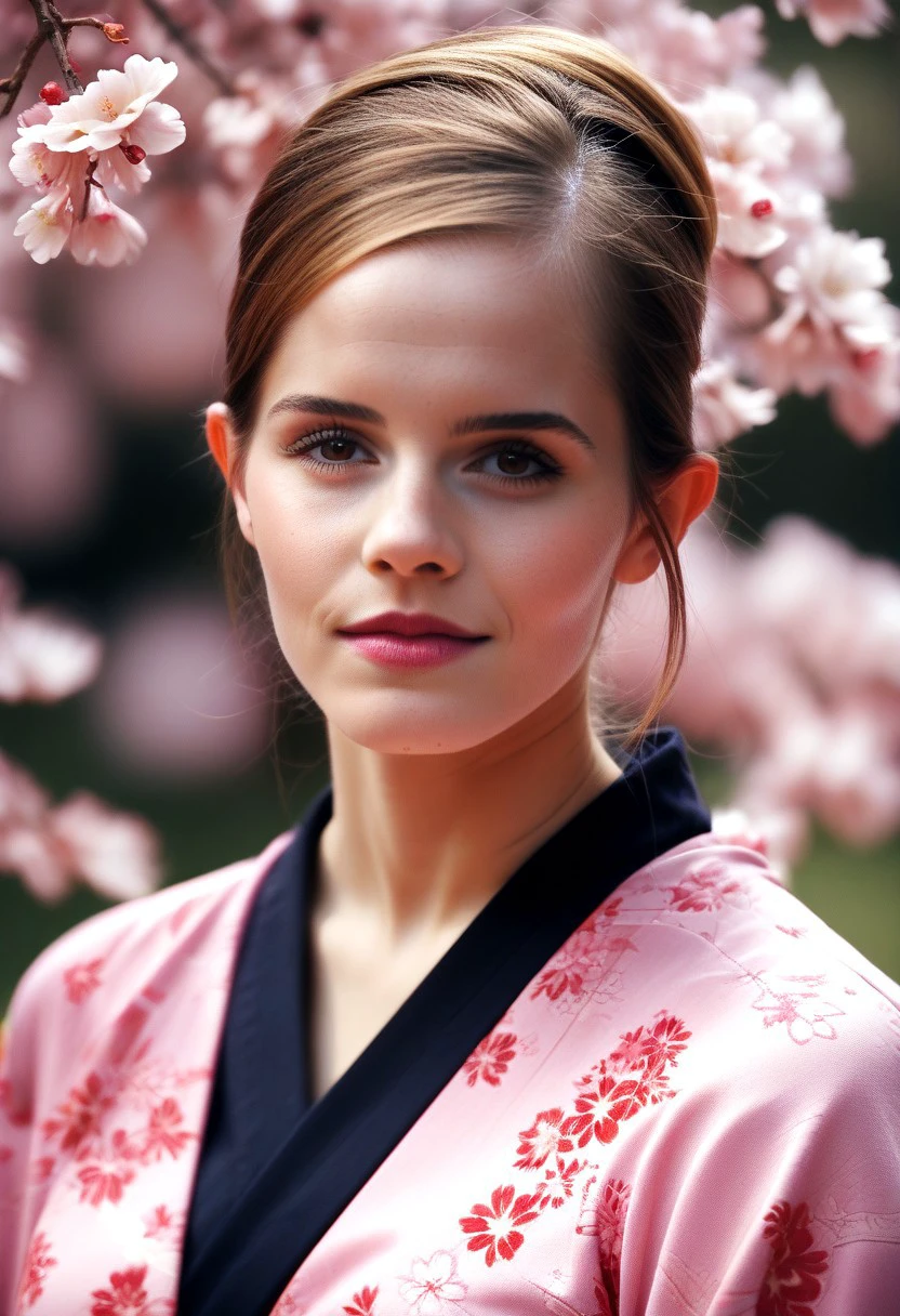 score_9, score_8_up, score_7_up, score_6_up, realistic, face of a woman dressed in a long kimono, bakcground a cherry blossom,emxwatson,