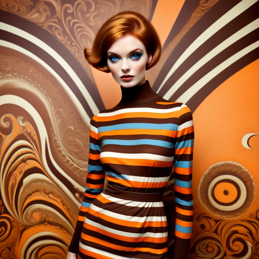 A breathtaking fashion full-body photograph portrait, capturing a 1968 Elle woman's magazine fashion shoot featuring a stunning high-end European model with short ginger hair and (((detailed skin))), smoky makeup, (((Kodak Porta 600-inspired backdrop))), with Pop Art backdrop by artist Roy Lichtenstein. A luxurious realistic 1968 stripe pullover dress in shades of (((chocolate brown and bright orange))), fcNeg, epiCPhotoGasm-colorfulPhoto, dvr-tldr, 