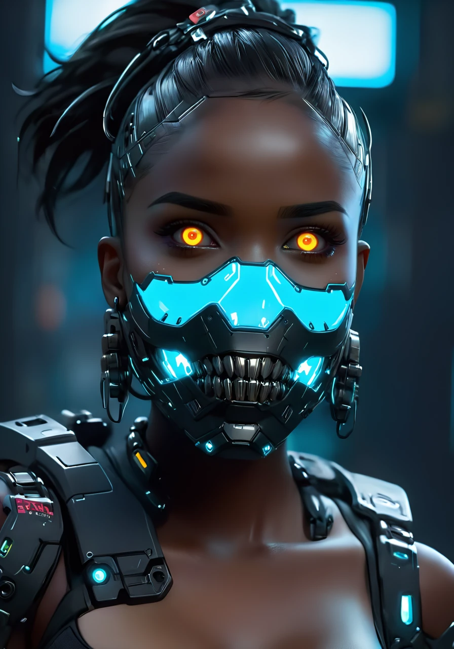 a woman, cybernetic jaw, <lora:excybertechsdxl:1>, excybertechsdxl, best quality, masterpiece, focus on face, futuristic outfit, glowing eyes, dark skin,