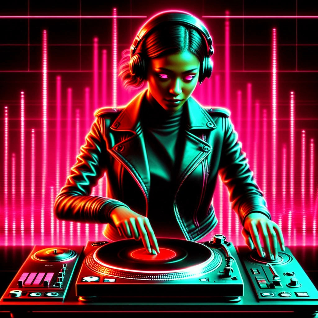 woman, DJ, neon, soundwaves, cool, realistic, music, album cover, abf_cover <lora:ABF_AlbumCover_2:1.1>, realistic,  <lora:add-detail-xl:.4>, pink