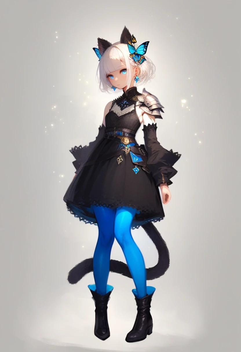 score_9, score_8_up, score_7_up, score_6_up, <lora:RECXL_P6_lokr_V43P1NF:0.95> 1girl, solo, animal ears, tail, dress, full body, blue eyes, white background, black dress, pantyhose, simple background, butterfly hair ornament, cat ears, short hair, black footwear, white hair, detached sleeves, standing, looking at viewer, hair ornament, cat tail, jewelry, boots, earrings, breasts, long sleeves, shoulder armor, blue pantyhose, belt, blunt bangs, small breasts, armor, closed mouth, virtual youtuber, short dress, braid, arms at sides, single pauldron, sleeveless