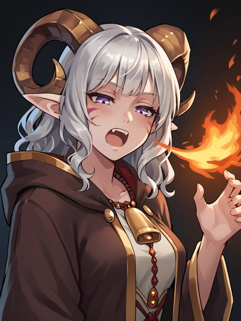 <lora:breath_weapon:0.8> breath_weapon:1.5, fire  ,looking down, breath_down :1.4, fang, open mouth:0.4, 
source_furry, score_7_up, rating_safe,  gold necklace, tiefing, short pointed ears, brown horns, (a pair of brown sheep Horns that begin at her temples and curve back: 1.5), bangs, long silver hair long wavy hair, pale skin, <lora:whisker_markings:0.8>red whisker_markings ,short pointy ears, purple eyes, <lora:age_slider_v4:0.6>   medium breasts, skinny female, silver hair, <lora:Tieflingnew weird fantasyDND:0.3> Tiefling, pointed ears, horns, half-closed eyes<lora:Smooth Style 2 SDXL_LoRA_Pony Diffusion V6 XL:0.5> bell, robe, hood off,