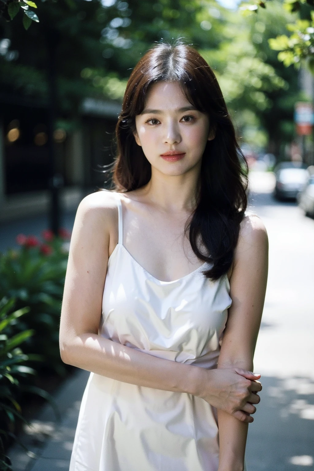 Best quality, masterpiece, ultra high res, (photorealistic), raw photo,1girl, skinny, upper body,solo, realistic, looking at viewer, long hair, bokeh background, city streets, daylight, mini dress,  <lora:makina69_songhyekyo_v1.0:1>,