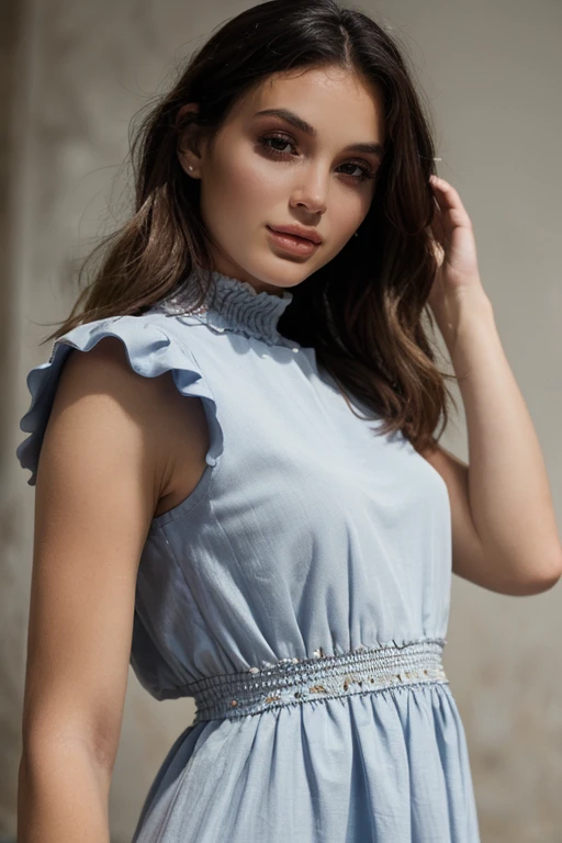 Sky blue smocked dress, cotton, paired with blush pink flats and a silver cuff bracelet a breathtaking analog photo of  <lora:SarahAlkhoury_V1:1>, long light brown hair with highlights:1.3, 4k, RAW photo, best quality, 50mm, depth of field, ultra high res:1.1), shot on ALXEA 65, (intricate, photorealistic, cinematic-shot, masterpiece, ultra-detailed:1.1)  <lora:add-detail-xl:0.8>