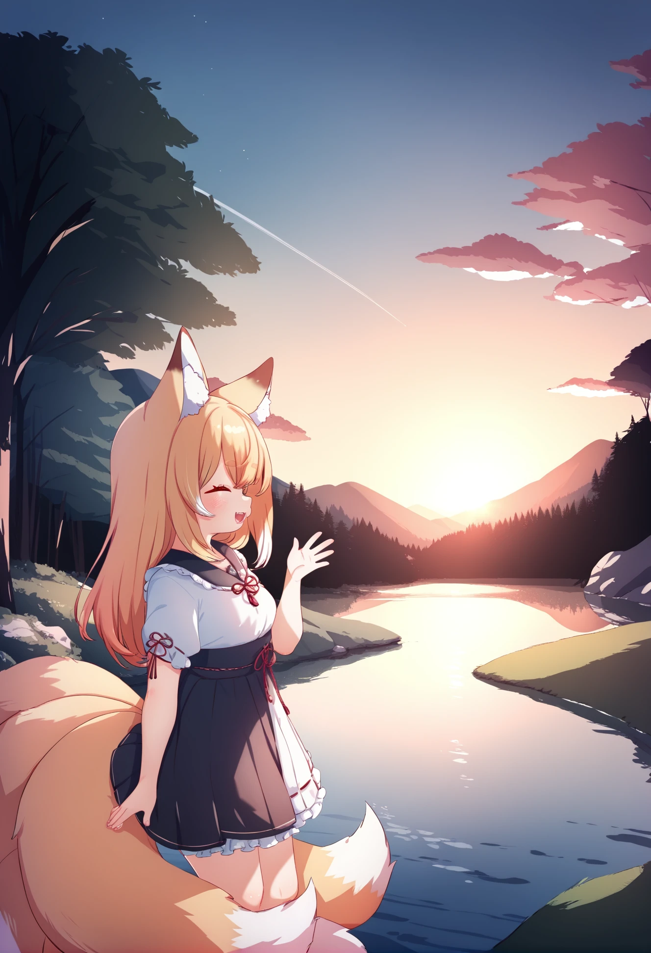 by done \(donezumi\), masterpiece, best quality,
1girl, fox girl, fox ears, multiple tails, kitsune, frilled dress, happy, hand up,
outdoors, stunning landscape of asian rainforest, lake, sunset, trees