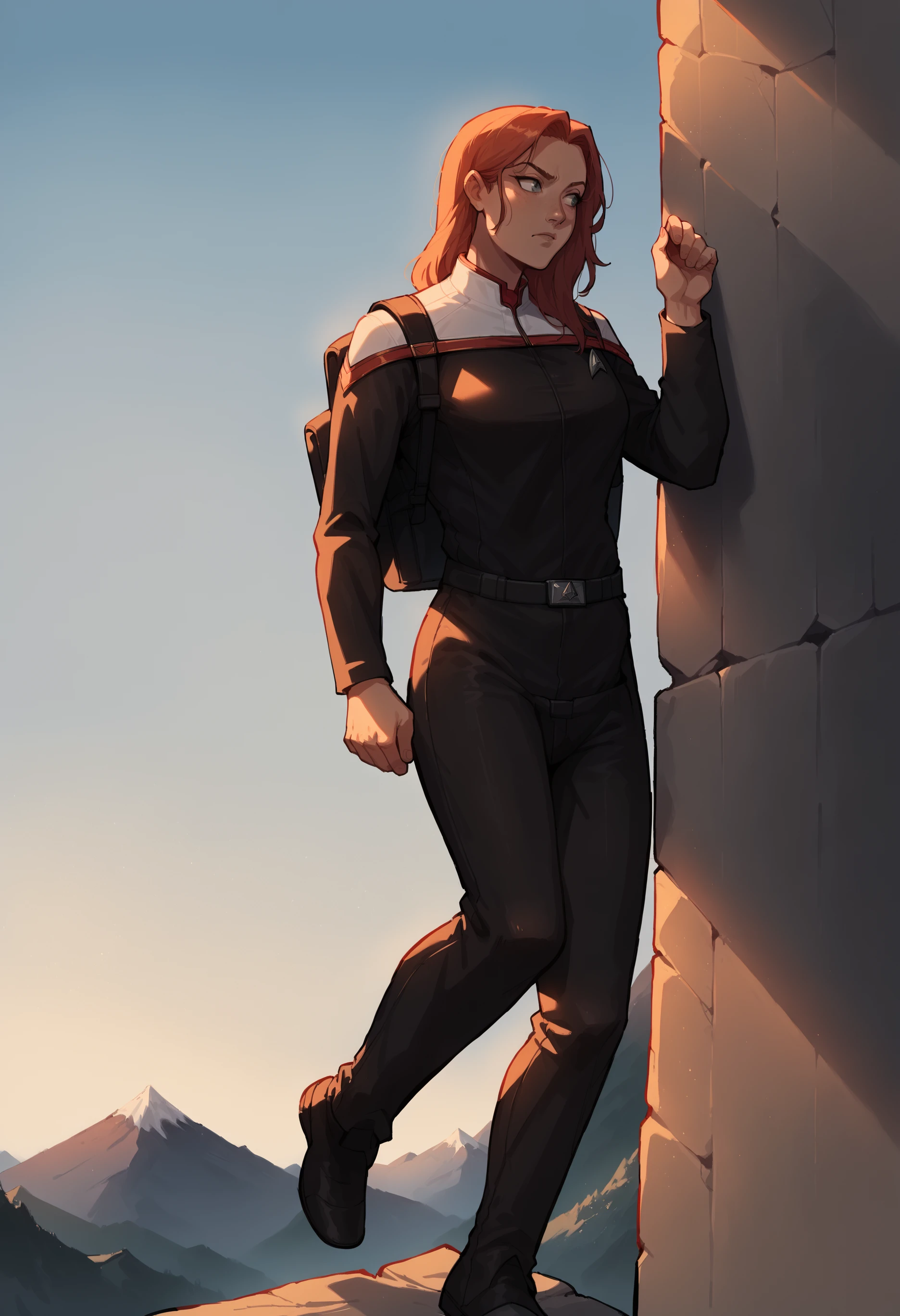 score_9, score_8_up, score_7_up, score_6_up, score_5_up,1girl,climbing,mountain,backpack,evening,
toddunf,star trek uniform,black jumpsuit,white shoulders
,<lora:STOdysPony>