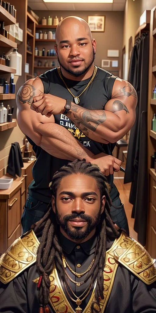 (masterpiece), best quality, expressive eyes, perfect face, overweight but muscular frame, black tattoos on forearms and hands, gold jewelry around neck, black pants, Black t-shirt, 33-year-old Black Hispanic Barber, muscular frame, Baggy black pants, bald, shaved head, standing over client who is sitting in barber's chair beneath him, smiling respectfully, , <lora:830929f4-ccdc-465a-9731-5bd9822d565b:0.7>