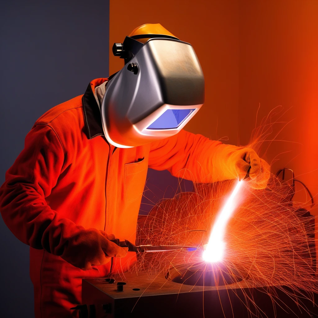 man in an orange welder_mask on his head holds an electrode holder in his raised hand above his head, a bright electric arc burns at the end of the electric gas burner,