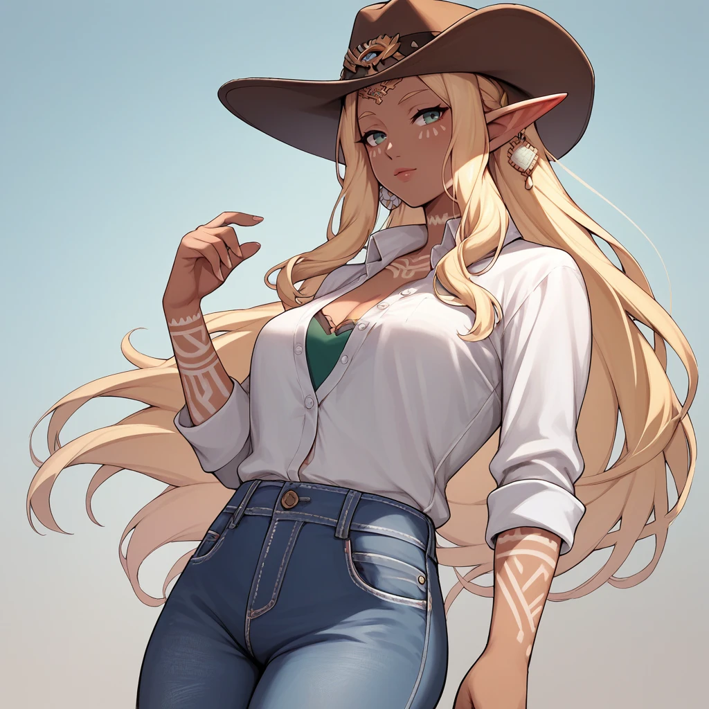 score_9,score_8_up,score_7_up,score_6_up,source_anime,rating_safe,1girl,  cowboy shot, cowboy hat, white buttoned shirt, jeans, cowboy, western,  <lora:Queen_Sonia_-_TOTK:0.8> Sonia_TOTK, dark-skinned female, long blonde hair, tattoo,  pointy ears,, zPDXL2,