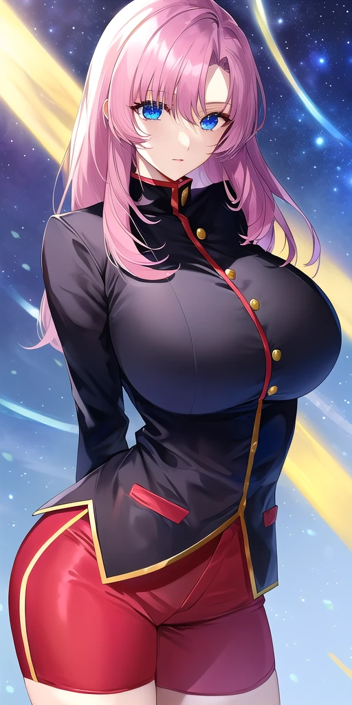 <lora:UtenaV2:0.7> utenatenjou, huge_breasts, standing, solo, arms_behind_back, starry_sky,  black_jacket_long_sleeves_red_bike_shorts, masterpiece, best_quality, detailed_face, detailed_eyes, highres, beautiful, detailed, absurdres,