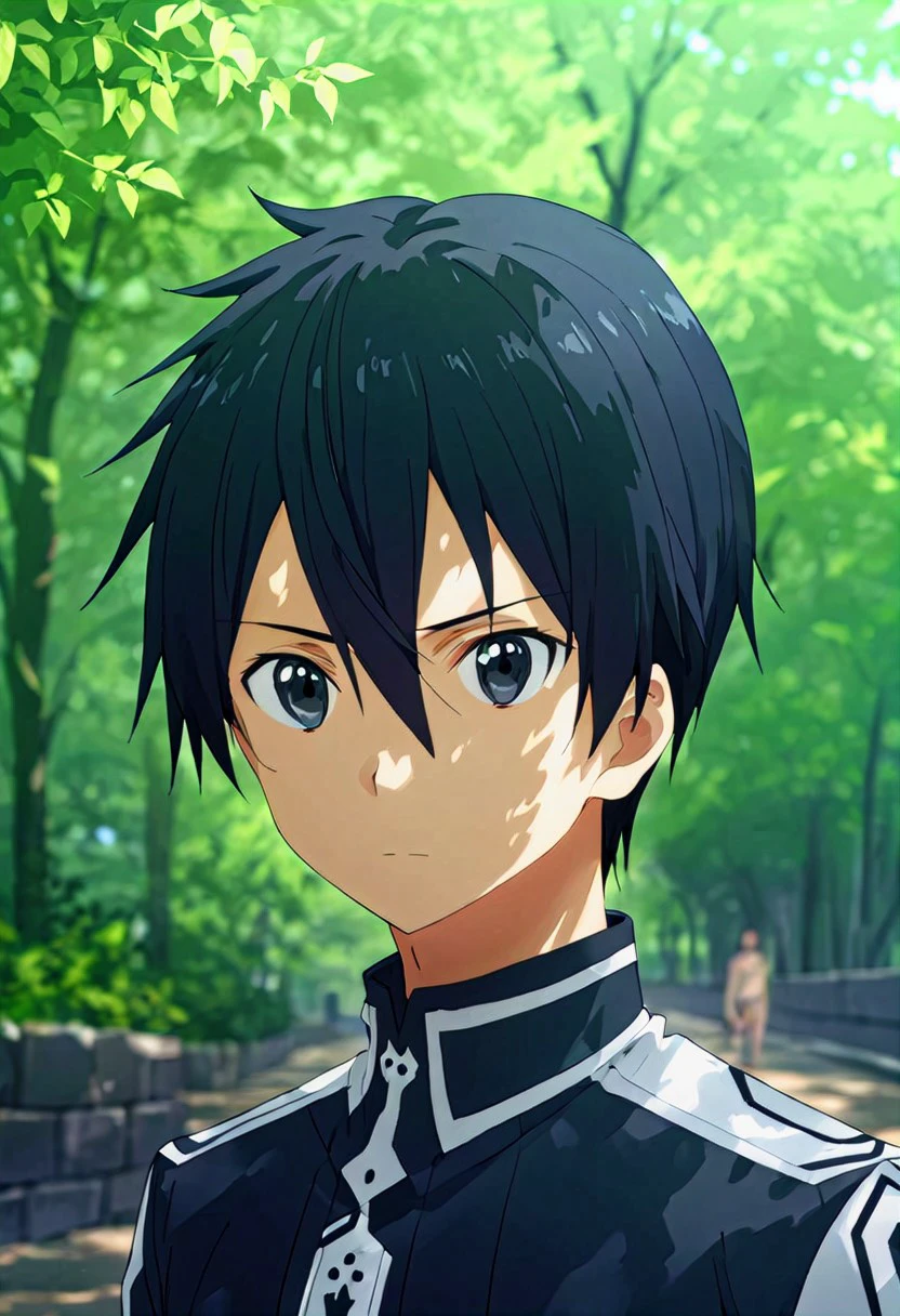 high resolution, solo, best quality, 1Boy, Kazuto Kirigaya, Black Hair, Black Eyes, portraits, proud, outdoor, Half Body, Depth Of Field,