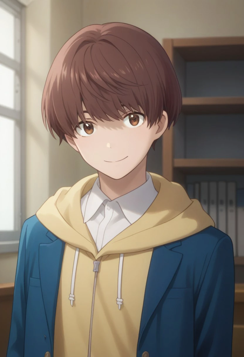 score_9, score_8_up, score_7_up, source_anime, highly detailed, 
itsuki, 1boy, male focus, brown hair, solo, brown eyes, looking at viewer, smile, hood,
hoodie, jacket, blue jacket, upper body, yellow hoodie, shirt, school uniform, 
short hair, white shirt, indoors,