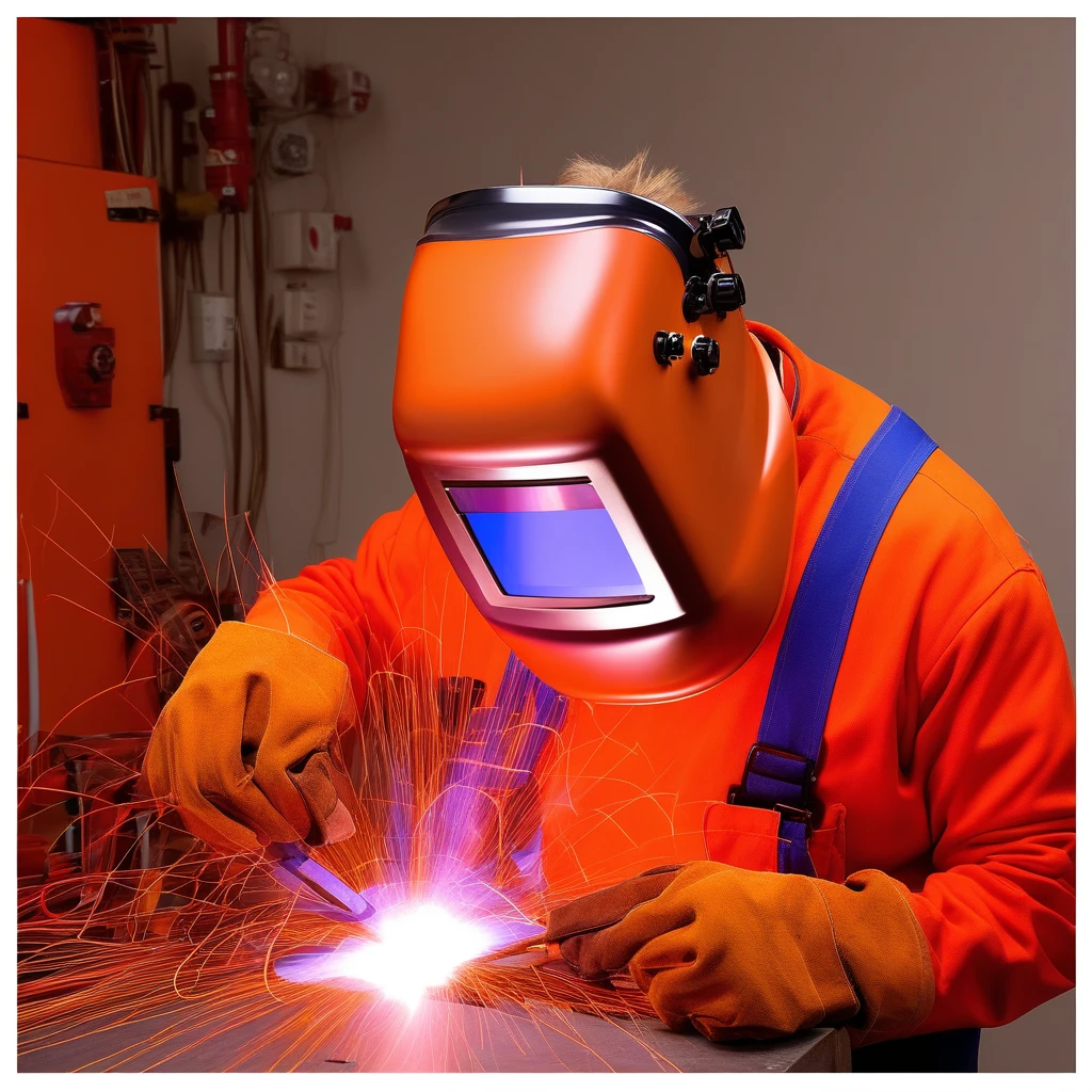 man in an orange welder_mask on his head holds an electrode holder in his raised hand above his head, a bright electric arc burns at the end of the electric gas burner,