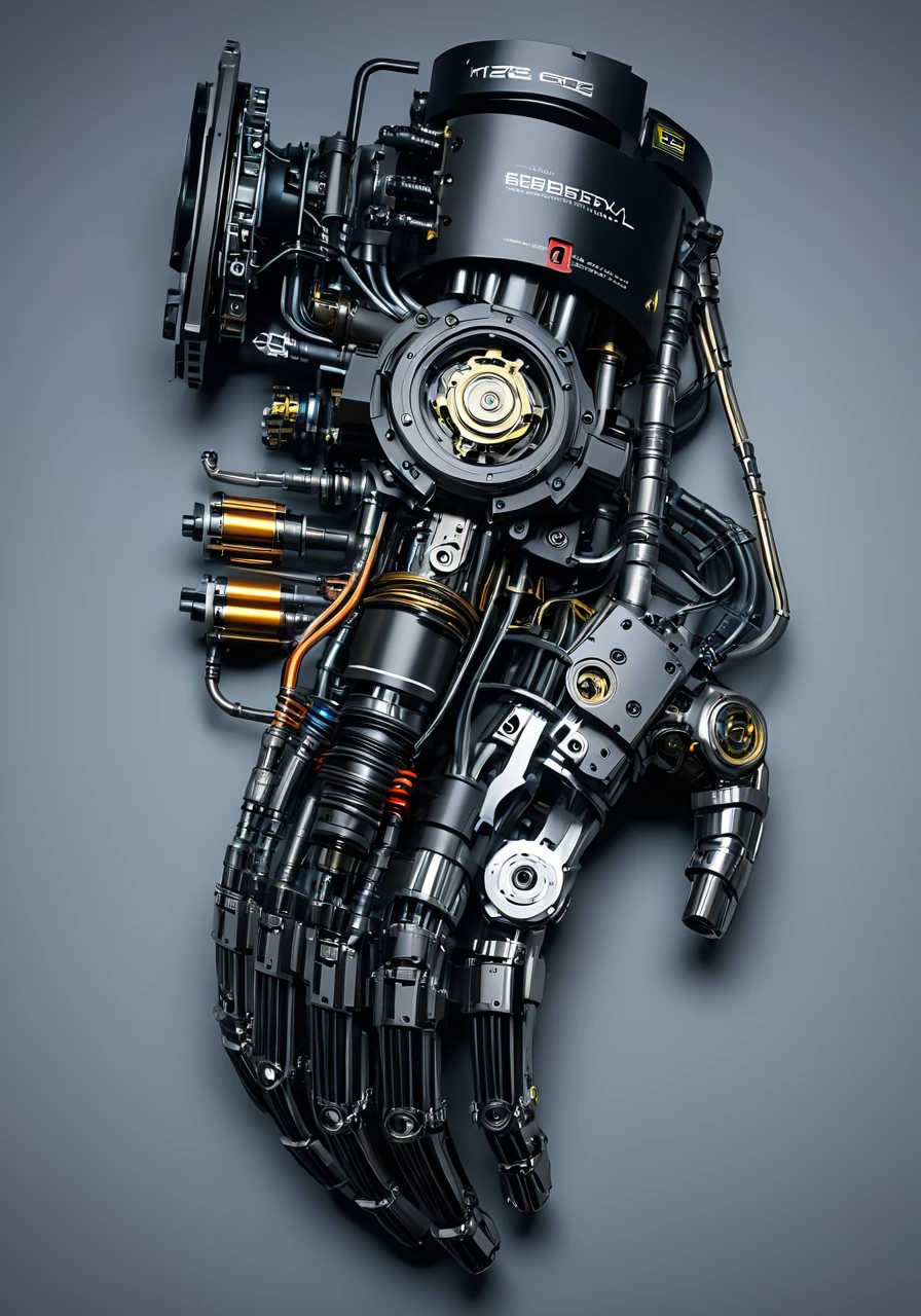 a diagram of a cybernetic arm, <lora:excybertechsdxl:0.6>, excybertechsdxl, best quality, masterpiece, mechanical parts, detailed, intricate, 5 fingers