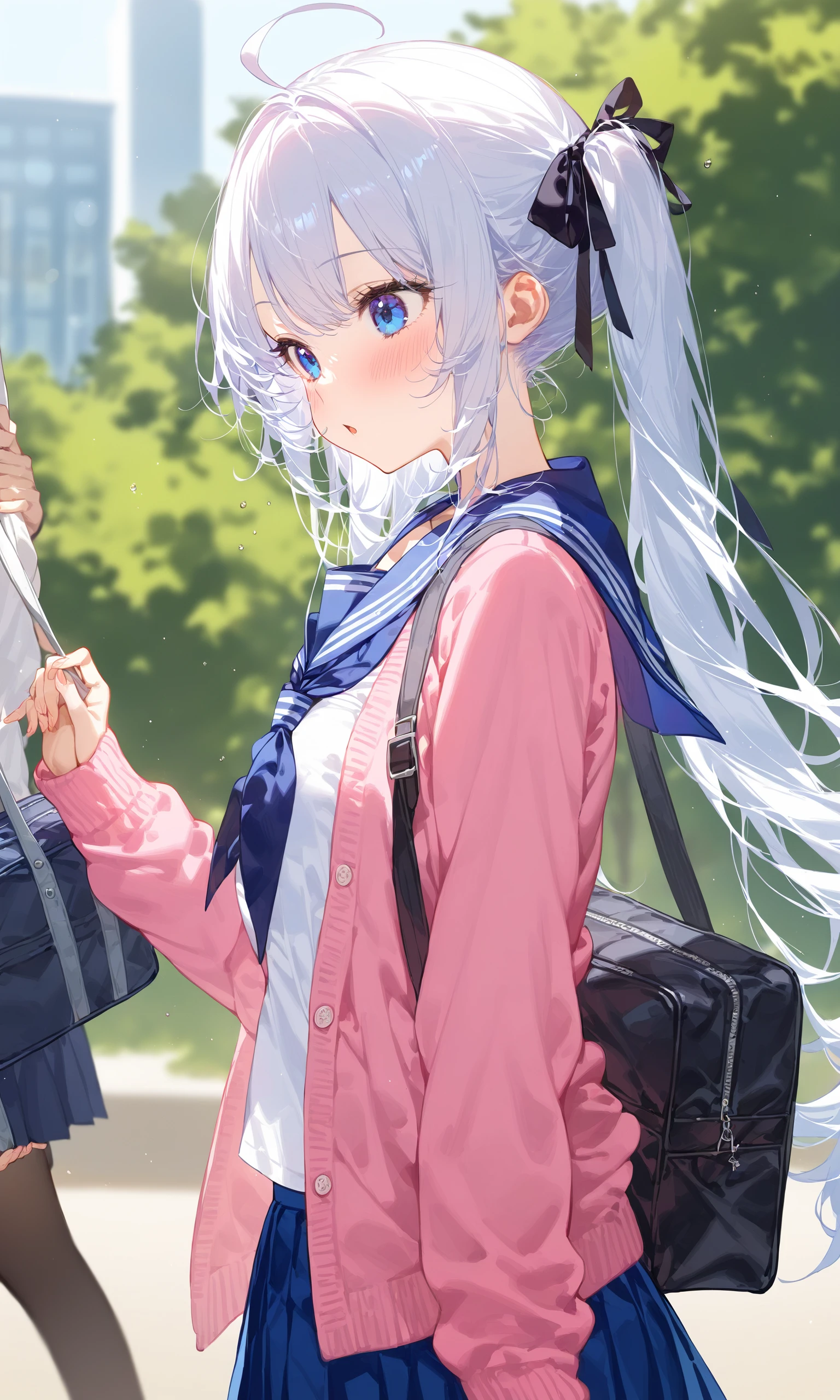 1girl, long hair, blush, blue eyes, skirt, shirt, long sleeves, ribbon, twintails, school uniform, hair ribbon, white shirt, ahoge, white hair, pleated skirt, open clothes, serafuku, solo focus, sailor collar, bag, blurry, from side, blue skirt, black ribbon, cardigan, blue sailor collar, school bag, pink jacket, open cardigan, pink cardigan
masterpiece, best quality, score_9, score_8_up, score_7_up, ultra-detailed, Best-A, Medium-B, Low-C, Bad-D,