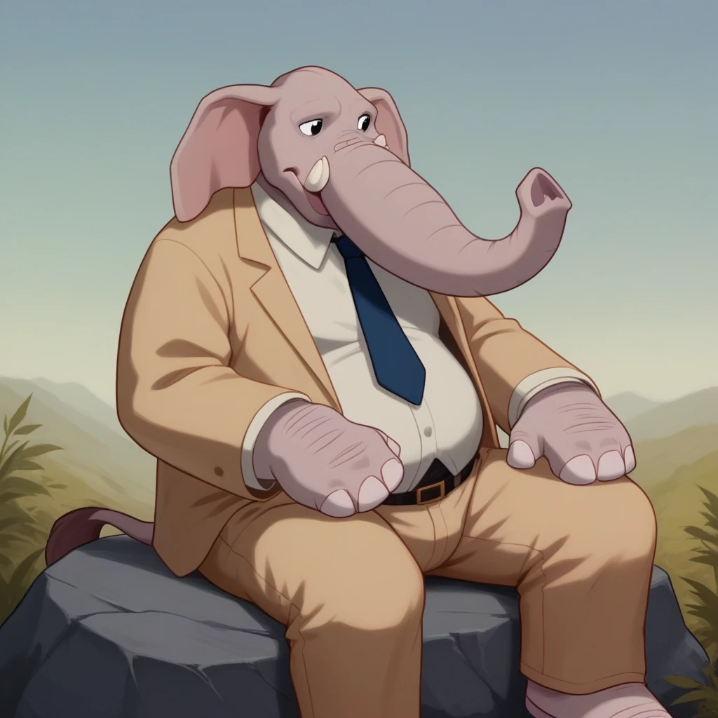 score_8_up, BREAK, Woolie, solo, 1boy,  anthro, black eyes, elephant ears, beige suit, long sleeves, necktie, pants, outdoors,  <lora:Woolie_PXL_Leaf1:0.8>, sitting on rock,