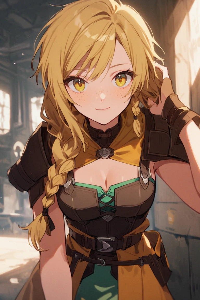 score_9, score_8_up, score_7_up, score_6_up, biancawhitaker, 1girl,solo,long hair,breasts,yellow eyes,blonde hair,cleavage,medium breasts,green eyes,braid,belt,armor,twin braids,single braid,hair over shoulder,freckles,<lora:Bianca_Whitaker:0.9>, looking at viewer, light smile, <lora:add-detail-xl:1>