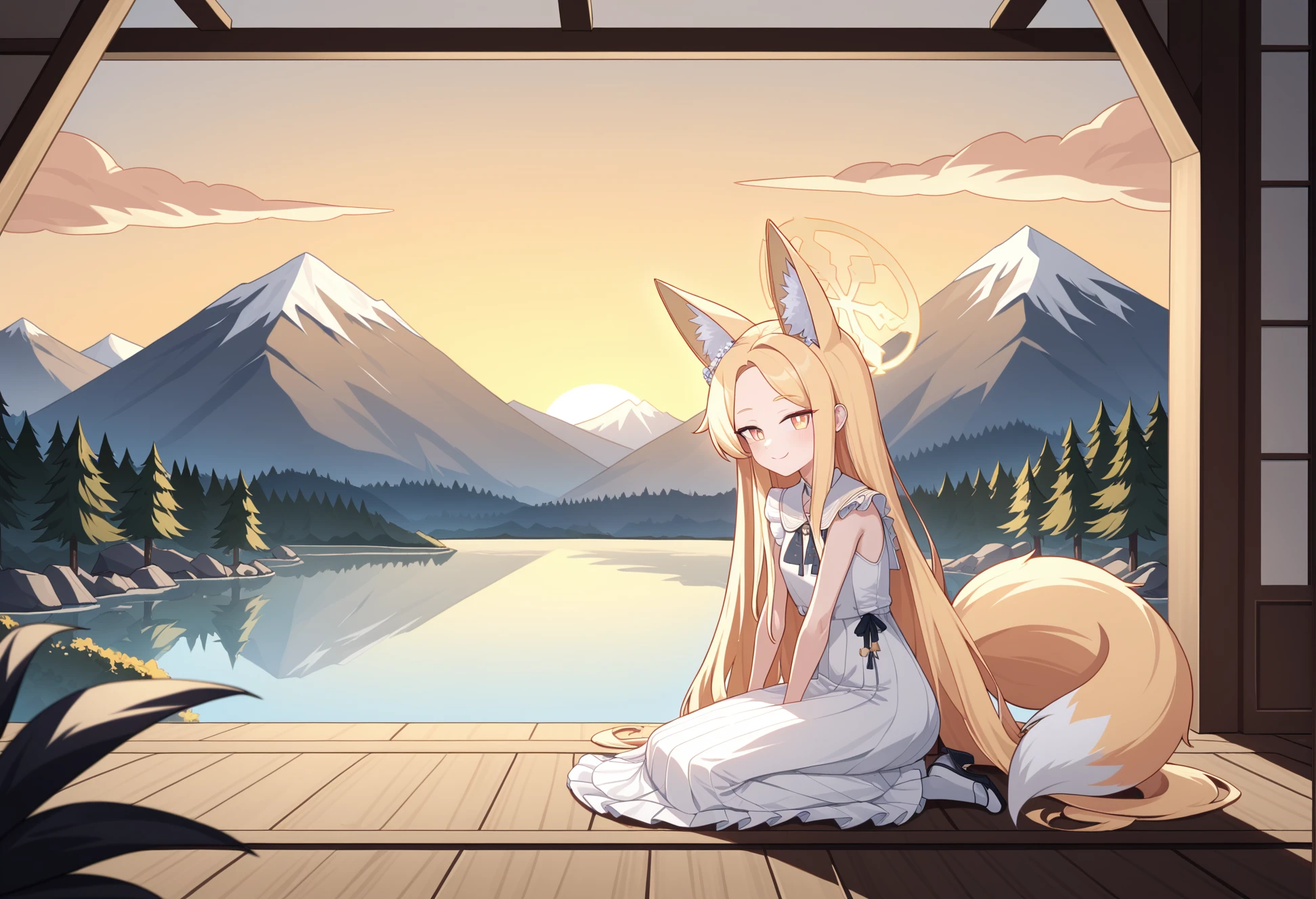 by kate fox, masterpiece, best quality,
1girl, seia \(blue archive\), fox girl, fox ears, fox tail, animal ear fluff, blonde hair, multicolored eyes, absurdly long hair, forehead, wariza, yellow halo, 
white dress, frills,
full body, epic scenery of mountain range in asian rainforest, east asian architecture, sky, clouds
 <lora:4th_tail_extr_0.4.5_lyco_xl:1>