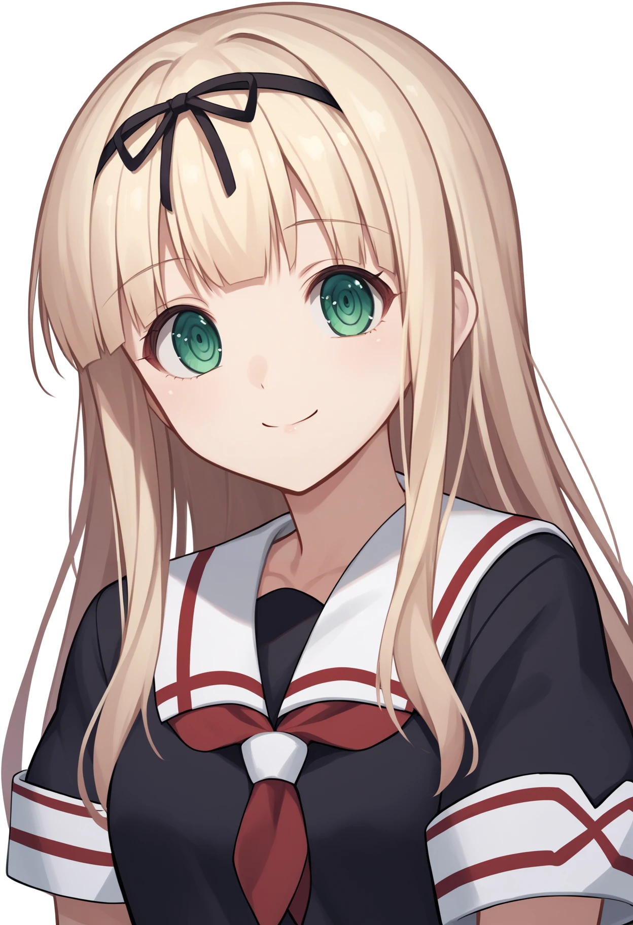 score_9, score_8_up, score_7_up, score_6_up, score_5_up, score_4_up, BREAK, source_anime,
1girl, yuudachi, blonde hair, long hair, straight hair, black hair ribbon, bangs, green eyes,
black serafuku, neckerchief, pleated skirt, red neckerchief, school uniform, short sleeves, white sailor collar,
upper body, smile, looking at viewer, solo, simple background, white background    <lora:YuudachiXL:1>