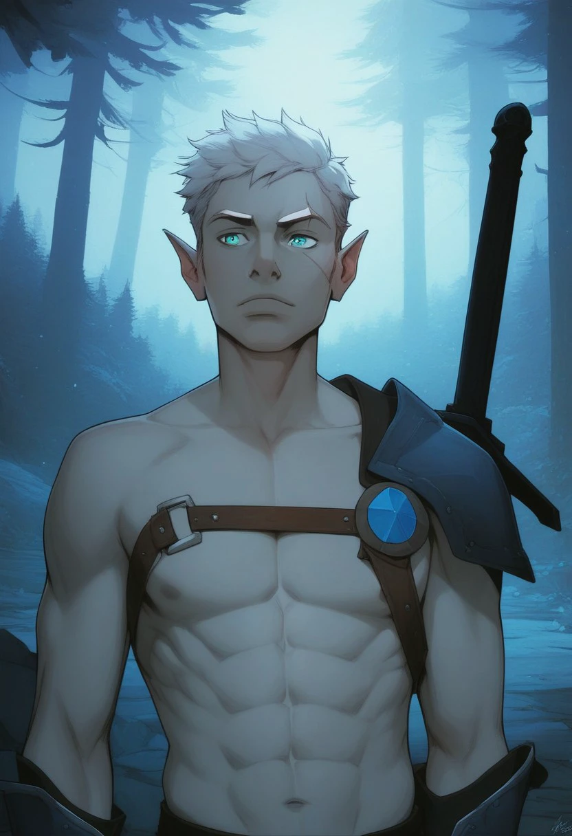 score_9, score_8_up, score_8, score_7_up, male, standing, 25 years old, mischievous, handsome, flirty, dominant, narrow mouth, (half_elf:0.5), dark elf, (((grey skin))), (((short white hair))), short cut sides, ((white eyebrows)), grey ears, pointed_ears:0.5, (pointed human ears), split eyebrow, eyebrow scar on left side of face, ((detailed turquoise eyes)), 1boy, solo, sexy, athletic, abs:0.5, (shirtless, chest strap), shoulder armor, gauntlets, (sword-over-shoulder, weapon over shoulder, crossguard hilt), vox machina style, solo, at night, warlock, fantasy, forest background, (dynamic lighting:1.1), campfire
((masterpiece)),