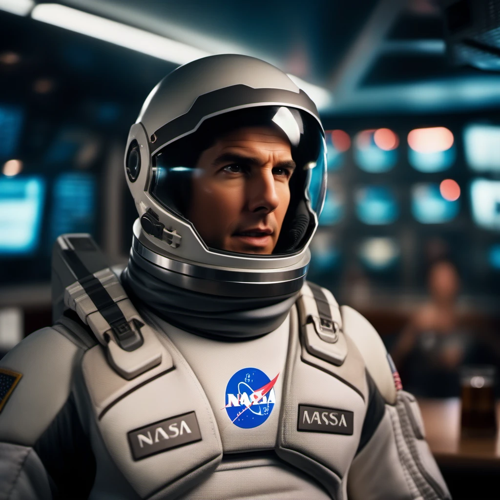 cinematic photo a tom cruise in a spacesuit, having a beer in a pub, text ''NASA'', text ''COOPER''  <lora:Interstellar1024-000006:0.8> . 35mm photograph, film, bokeh, professional, 4k, highly detailed