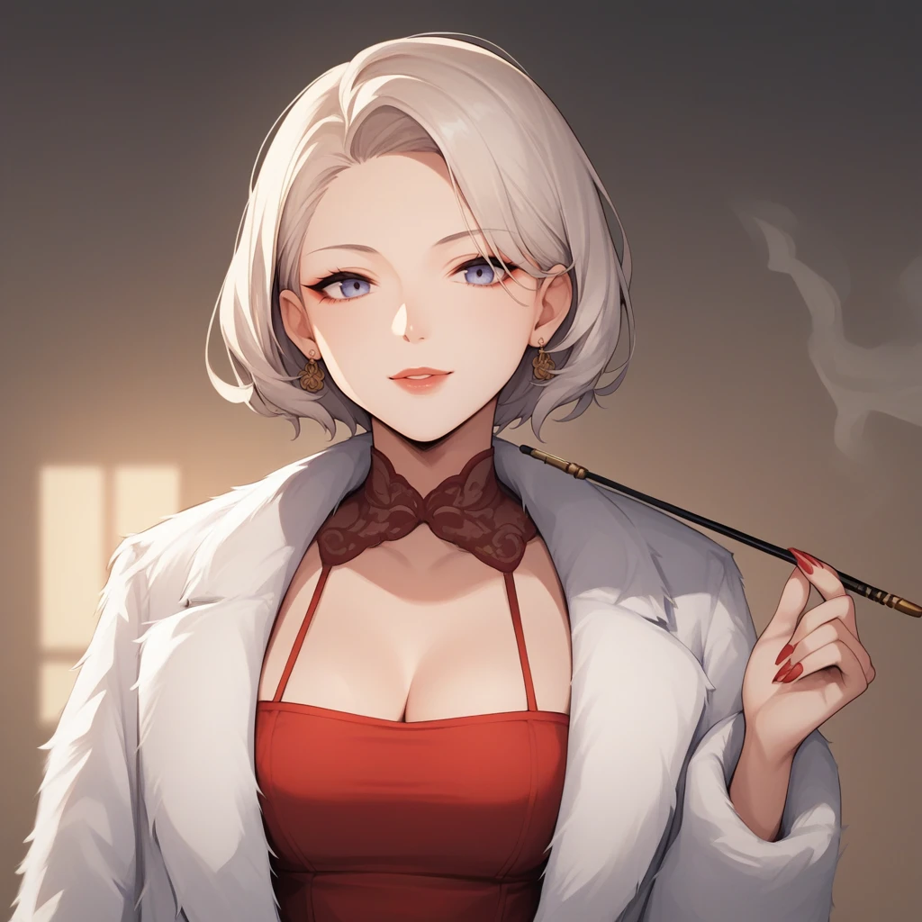 score_9,score_8_up,score_7_up,score_6_up,source_anime,rating_safe,1girl, red dress, white fur coat, <lora:Smoking:0.8> smok3, smoke,smoking, cigarette holder, smokey room, zPDXL2,