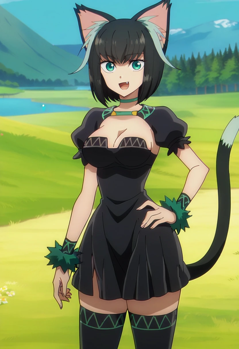 score_7_up, anime screencap,
<lora:IsekaiShikkaku_TamaXL:0.9>, TamaIS,
1girl, solo, open mouth, light smile, fang,
bob cut, streaked hair, black hair, aqua hair, aqua eyes, cat ears, cat tail,
black dress, cleavage cutout, puffy short sleeves, green collar, wrist cuffs, fur trim, black thighhighs,
standing, looking at viewer, cowboy shot, hand on own hip,
outdoors, scenery, forest, grass, mountains, lake