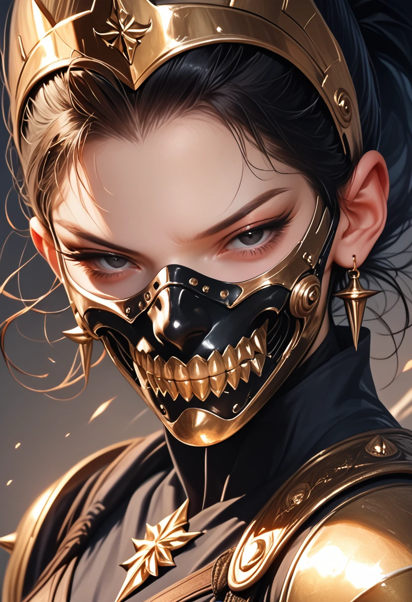 (score_9, score_8_up), score_7_up, 1girl, looking at viewer, teeth, armor, black eyes, mask, half-closed eyes, helmet, shoulder armor, realistic, black and gold, mouth mask, spikes,
<lora:masky-000009:0.9>