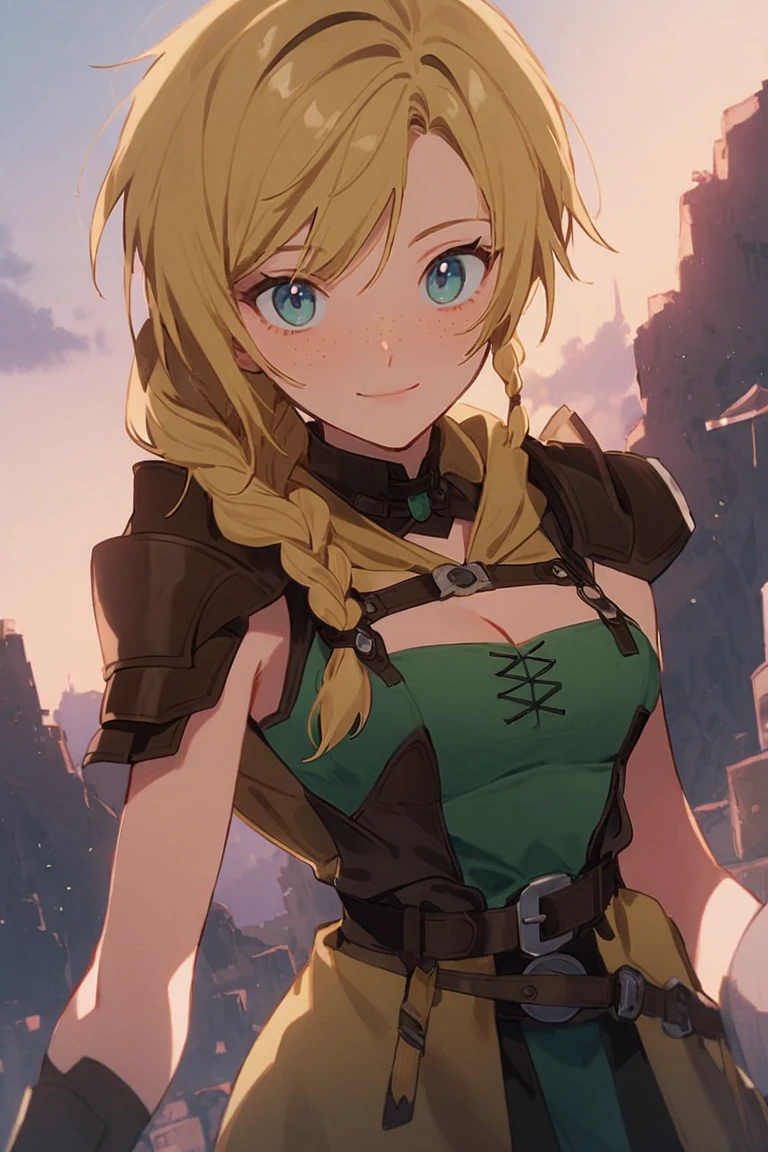 score_9, score_8_up, score_7_up, score_6_up, biancawhitaker, 1girl,solo,long hair,breasts,blue eyes,blonde hair,cleavage,medium breasts,green eyes,braid,belt,armor,twin braids,single braid,hair over shoulder,freckles,<lora:Bianca_Whitaker:0.9>, looking at viewer, light smile, <lora:add-detail-xl:1>