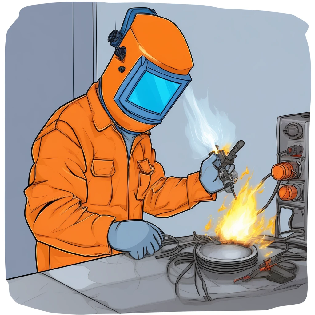 man in an orange welder_mask on his head holds an electrode holder in his raised hand above his head, a bright electric arc burns at the end of the electric gas burner,