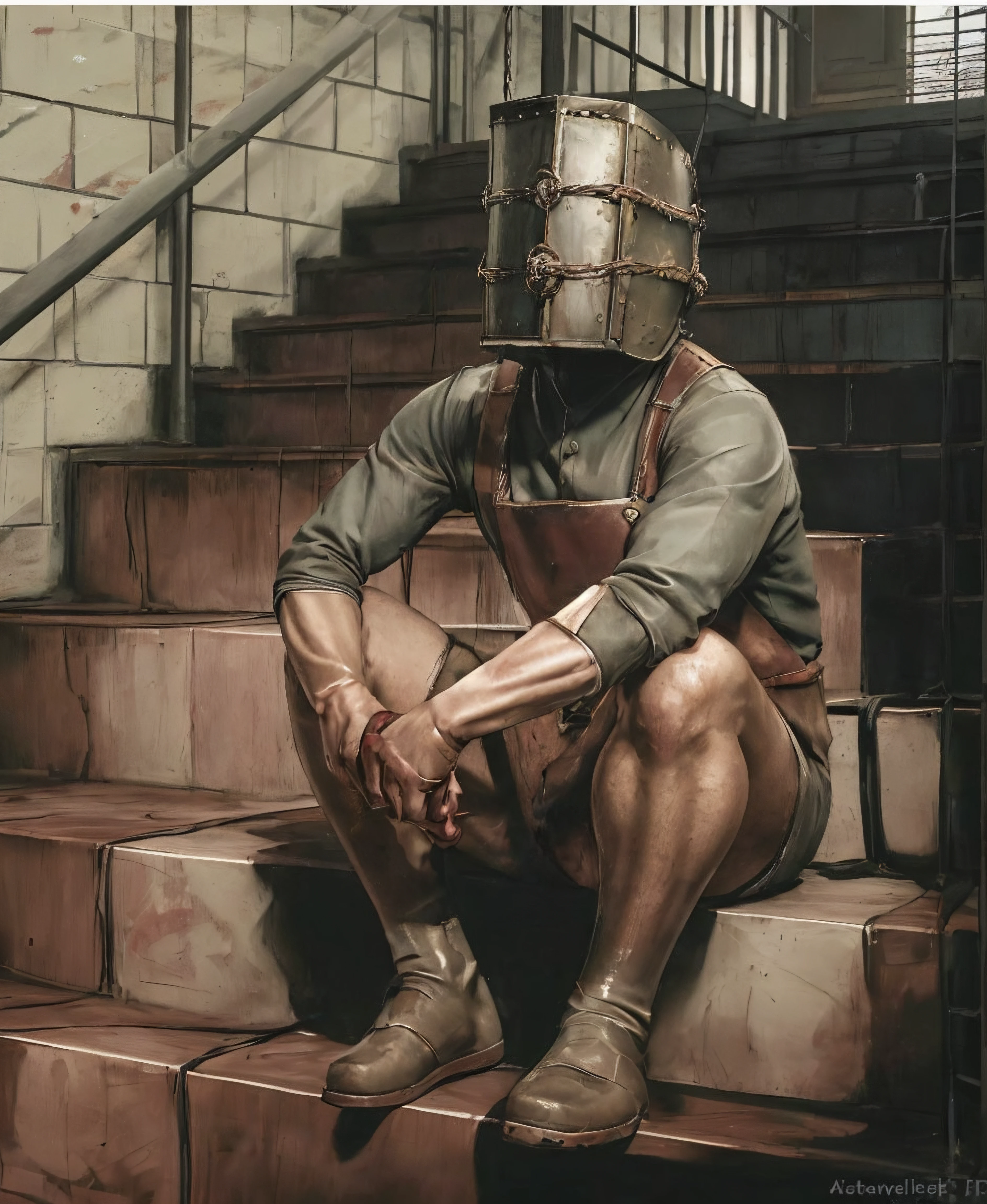 TheKeeperTEW, sitting on the stairs, facing the camera, 1male, butcher's outfit, big head helmet box, wire, (muscular:1), realistic, ultra realism, <lora:TheKeeperTEW:0.35>