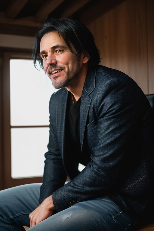 man , weraing black suit, blue jeans , laughing, looking at the viewers,black hair, face portrait, jim_carrey, RAW photo, subject, 8k uhd, dslr, soft lighting, high quality, film grain, Fujifilm XT3