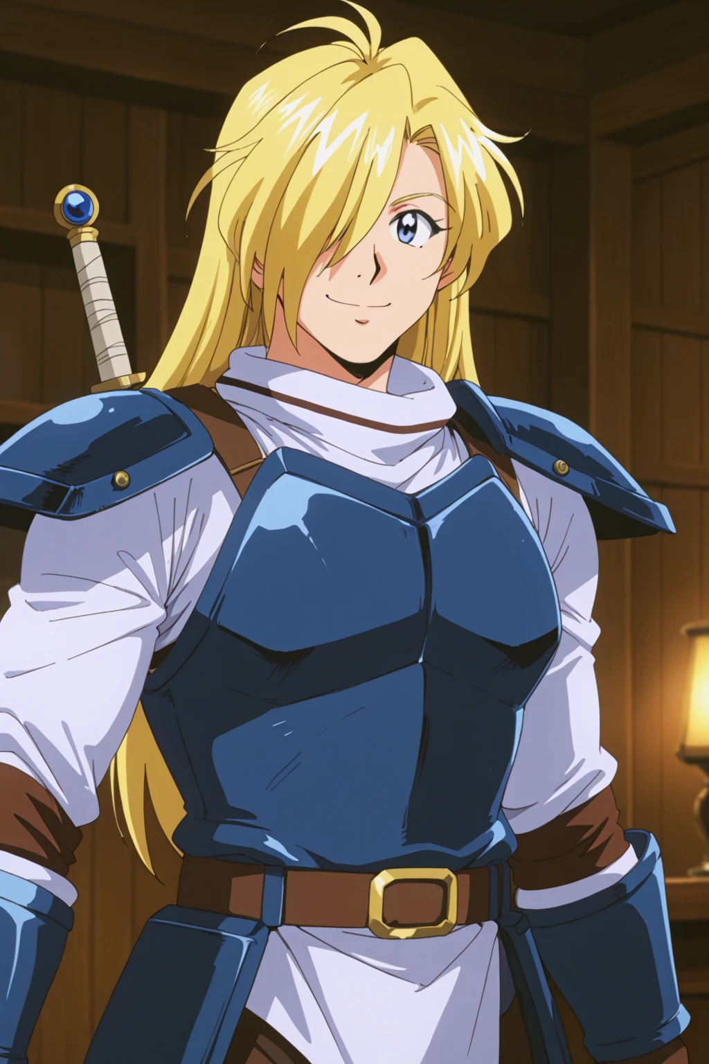 solo, long hair, smile, blue eyes, blonde hair, gloves, 1boy, male focus, fingerless gloves, armor, hair over one eye, shoulder armor, pauldrons, retro artstyle