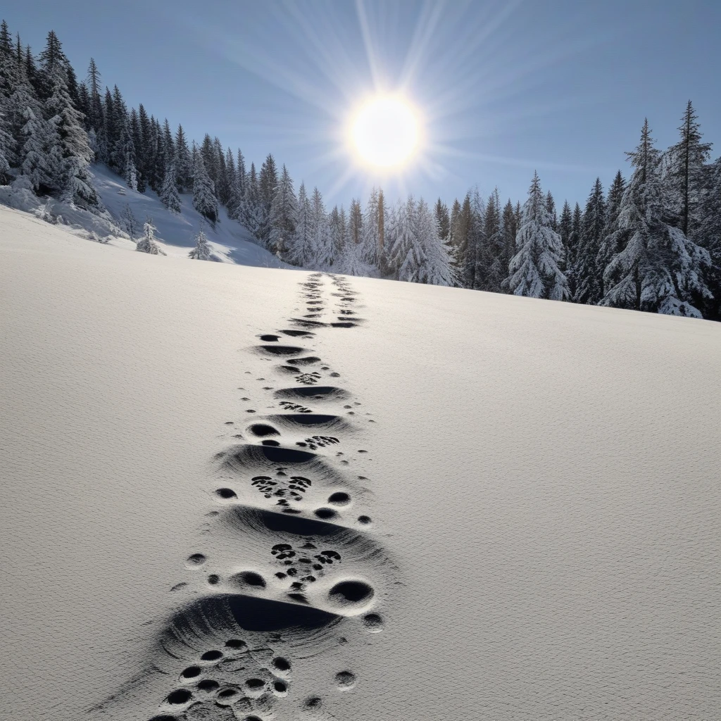 sunlight, nature, mountain, sun, footprints, greyscale, spot color, blue sky, no humans